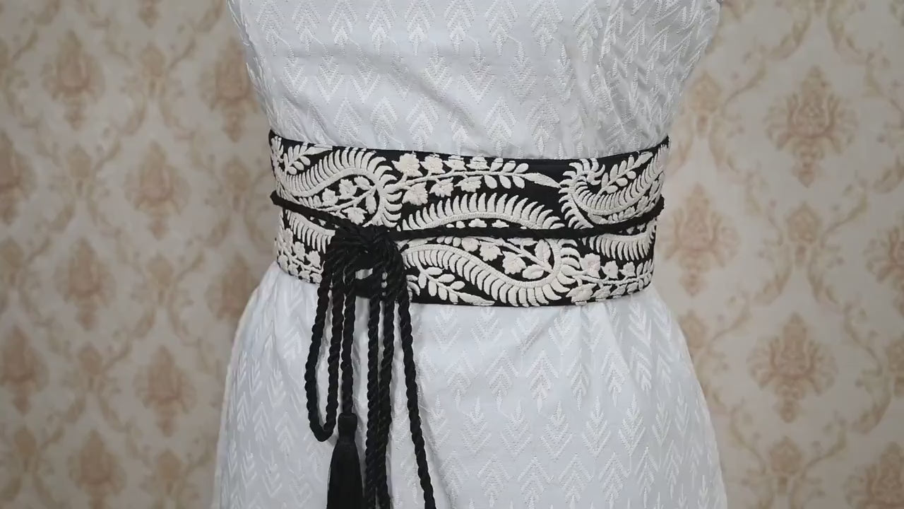 Reversible Embroidery Fabric Belt Black Obi Wrap Women Sash Belt Adjustable Bohemian Ethnic Customize Summer Wedding Dress Gift for Sister