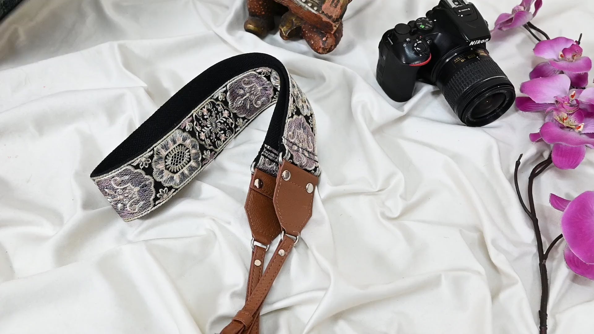 Embroidered Fabric Leather Camera Strap, Adjustable Neck Shoulder Sling Bag