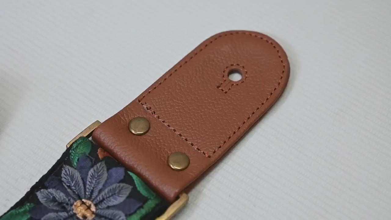 Guitar Strap Leather Strap Adjustable Brown Ukulele Embroidery Accessories Christmas Gift, Anniversary, Gift for Musician, Gift for Sister