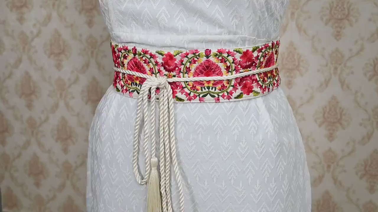 Red Reversible Embroidery Fabric Belt Gold Obi Wrap Women Sash Belt Adjustable Bohemian Ethnic Customized Summer Wedding Dress Gift Friend