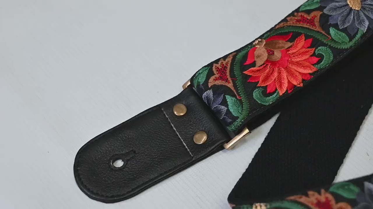 Black Guitar Strap Leather Strap Adjustable Ukulele Embroidery Accessories Christmas Gift, Anniversary, Gift for Musician, Gift for Father