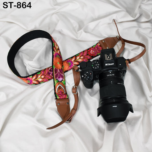 Embroidered Fabric and Leather Camera Strap, Adjustable Neck Shoulder Sling – Brown DSLR Accessories