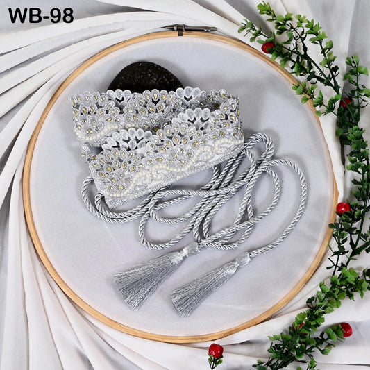 Adjustable Embroidered Silver Obi Belt with Sequins and Beads, Ethnic Brides Sash (Customizable size)
